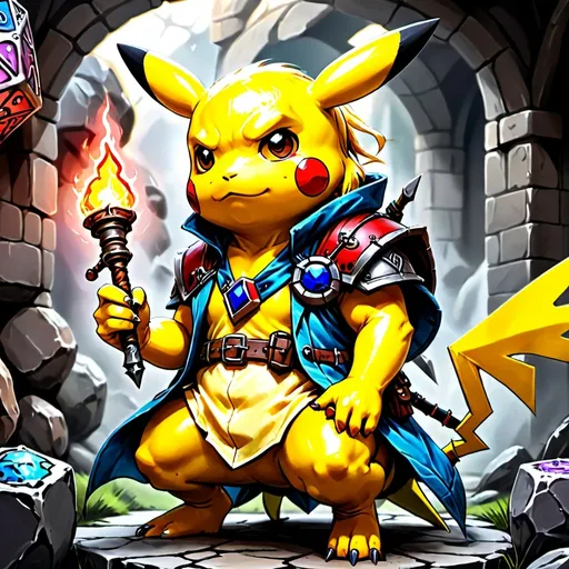 Prompt: Pikachu drawn in a DnD art style in a DnD style background