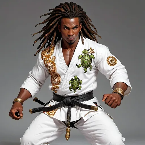 Prompt: DnD Male african martial artist that has dreadlock hair in a white gi that has turtle patterns on it, in an animated DnD art style