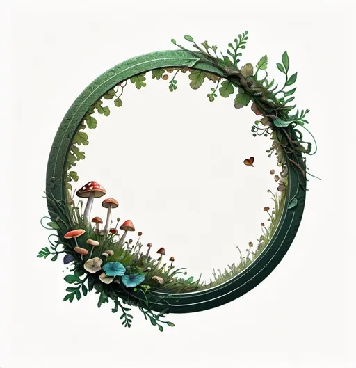 Prompt: A circle token, slim outer edge, outer edge adorned with nature style, empty inside the circle, white background, fantasy, mushroom pattern illustration