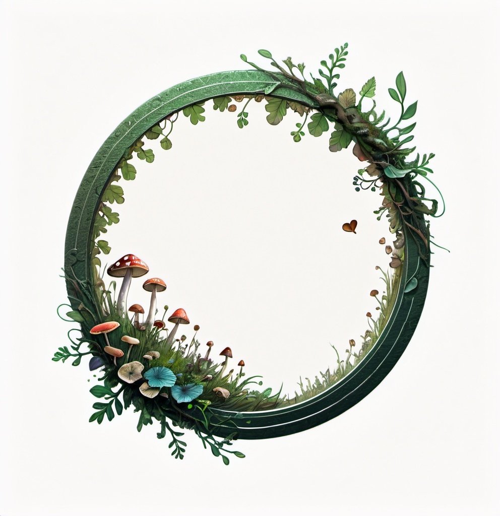 Prompt: A circle token, slim outer edge, outer edge adorned with nature style, empty inside the circle, white background, fantasy, mushroom pattern illustration