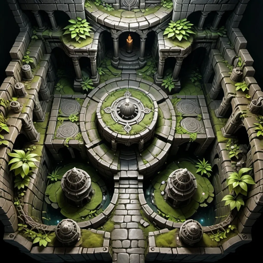 Prompt: Underground temple, DnD battlemap, top-down view, over head, DnD style art