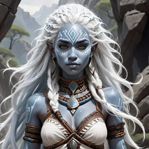 Prompt: Air Genasi, female, white flowing hair, light grey-blue skin and body skin, tribal markings on face, DnD art style, fantasy