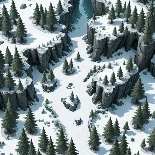 Prompt: Top-down view, snowy forest bluffs, DnD map, 2 dimensional, 2D