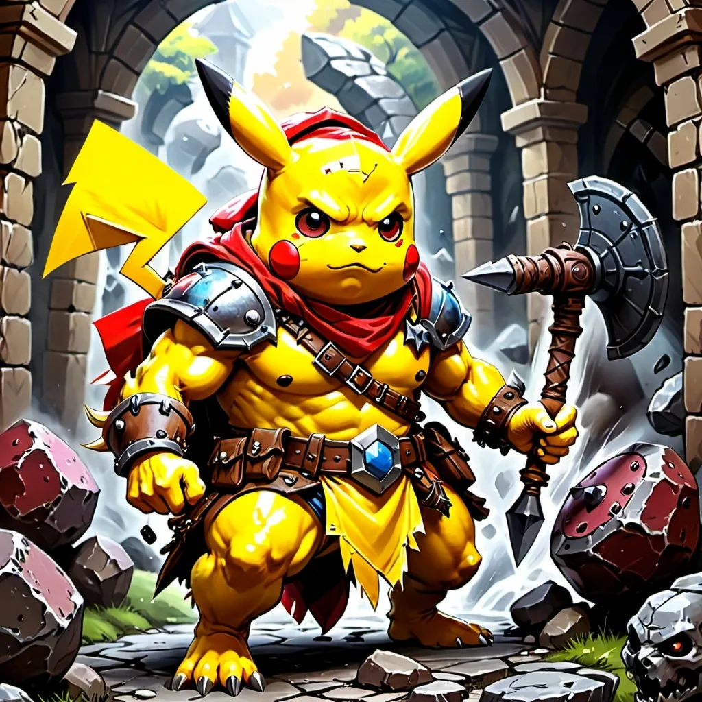 Prompt: Pikachu drawn in a DnD art style and a buff barbarian in a DnD style background