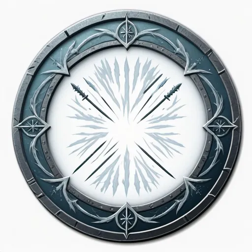 Prompt: A circle token, slim outer edge, outer edge adorned with primitive style and swords, empty inside the circle, white background, fantasy, frozen pattern illustration