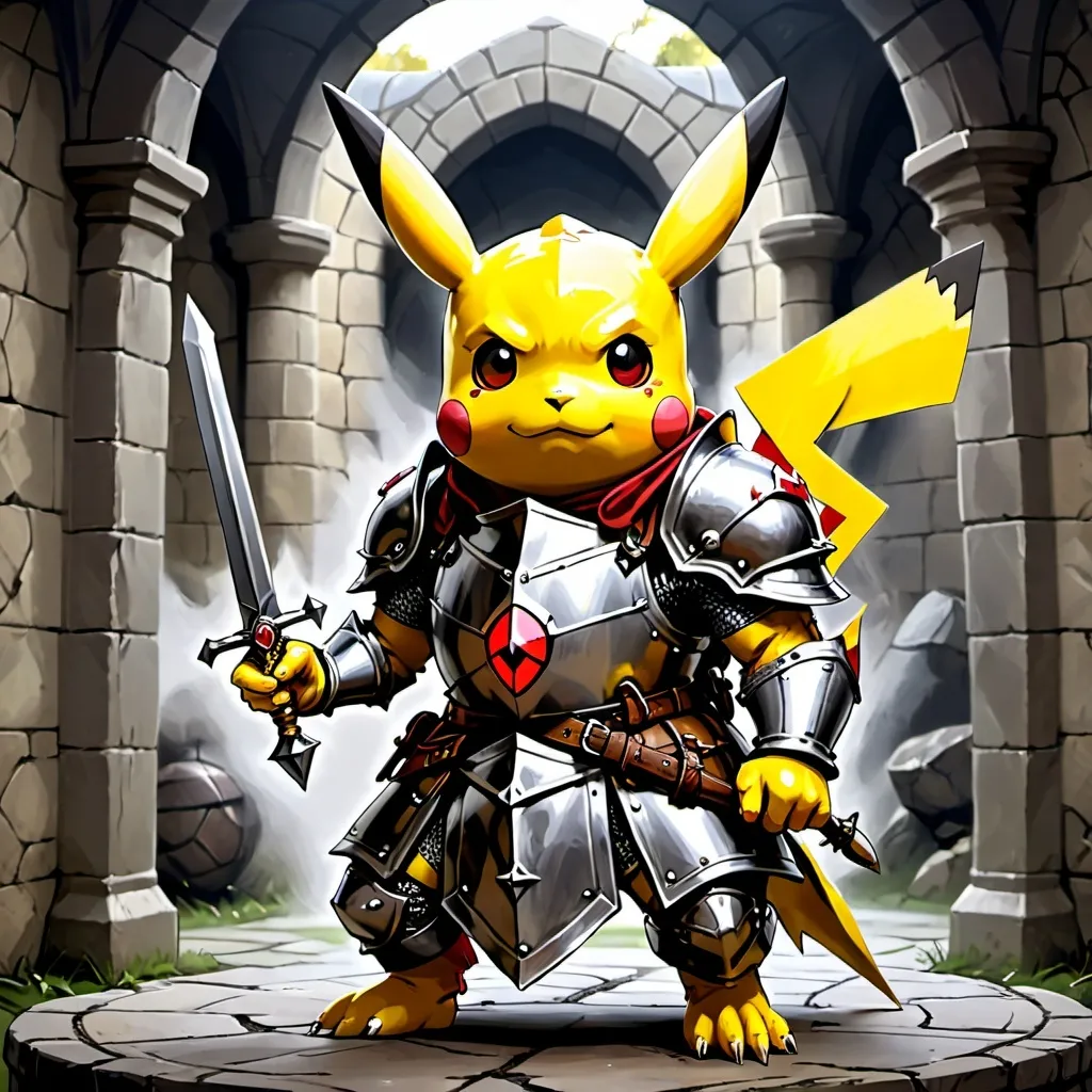 Prompt: Pikachu drawn in a DnD art style as an iron clad knight in a DnD style background