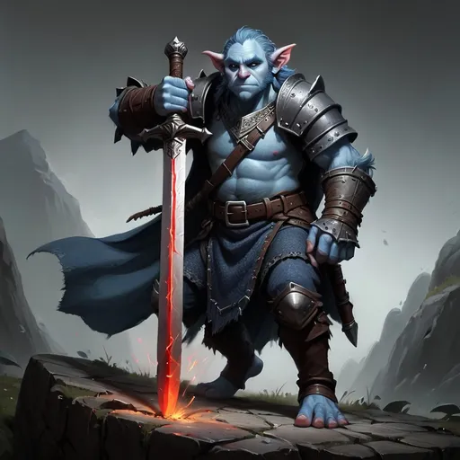 Prompt: An evil male blue Firbolg wearing a chainmail shirt and wielding an evil greatsword, in a DnD character style