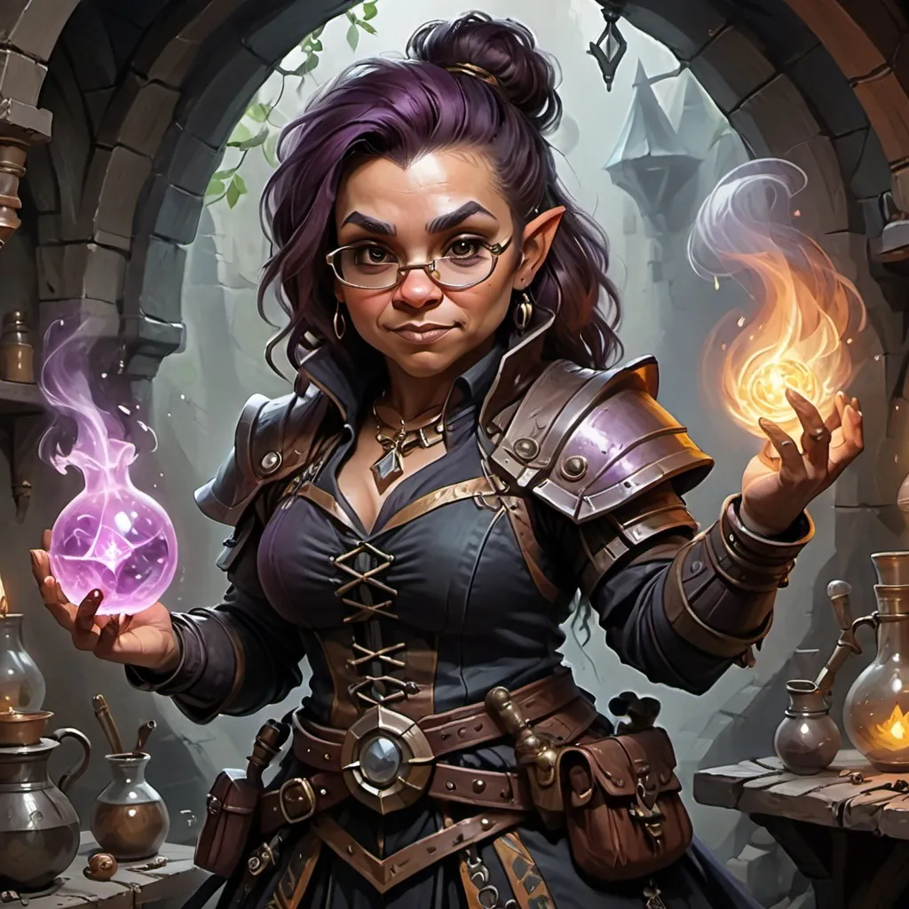 Prompt: Middle-aged nerdy female dwarf magical alchemist with a black punk-rock wardrobe style, in a DnD art style