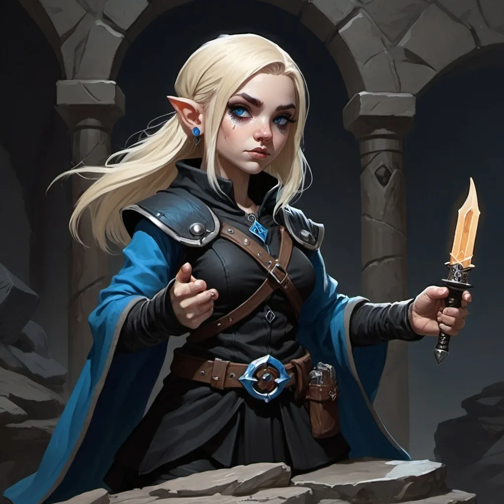 Prompt: dungeons and dragons gnome blonde female cultist, in black clothes with blue accents, and a dagger