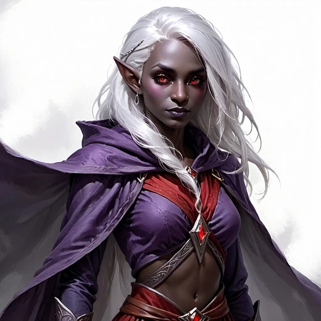 Prompt: elf, female, drow, grey skin, white hair, red eyes, wizard robes