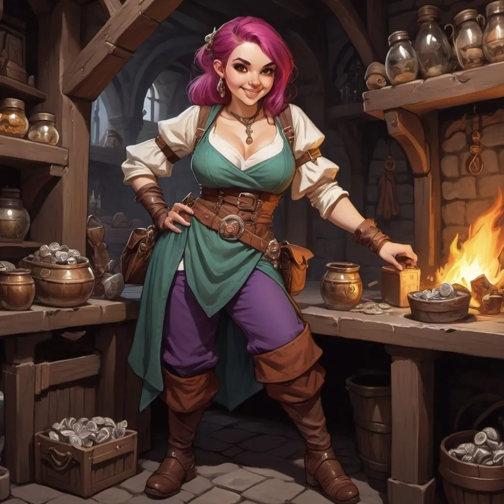 Prompt: dungeons and dragons female stall merchant tat is cute but also mischievous 