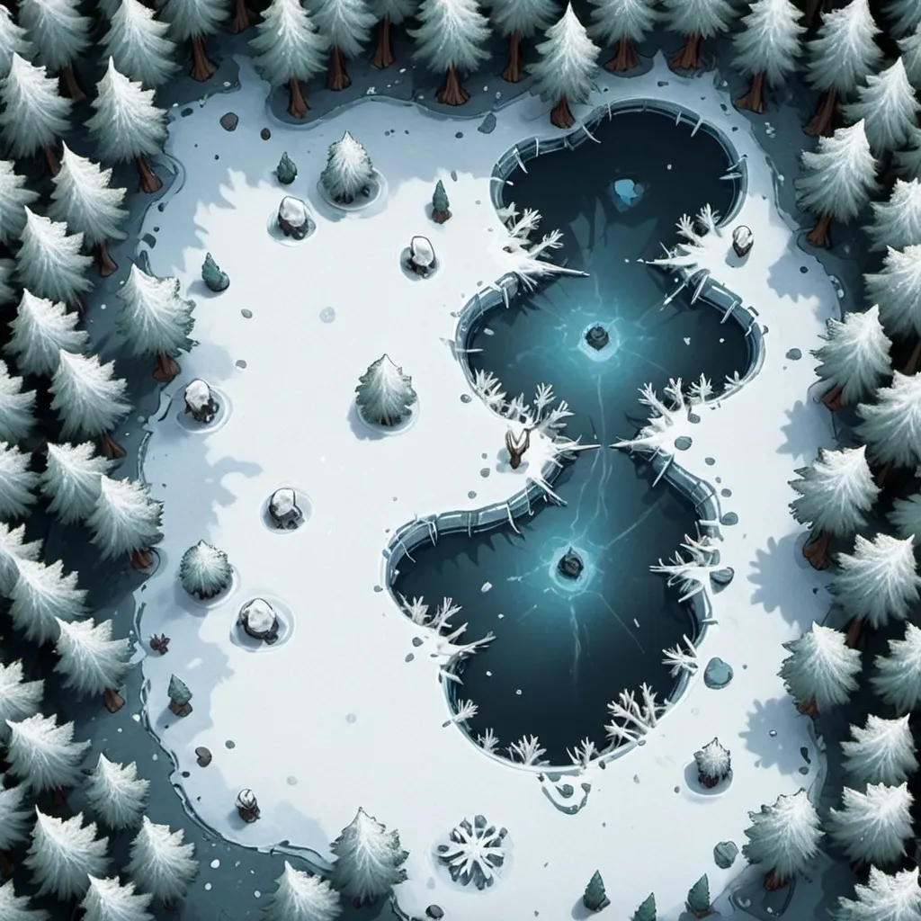 Prompt: Top-down view, snowy forest with a frozen lake, DnD map, 2 dimensional, 2D