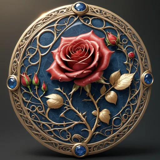 Prompt: An amulet with the sapphire gem etched with the design of a red rose in full bloom, the petals spiraled into a veil-like swirl, with thorned vines coiled beneath.