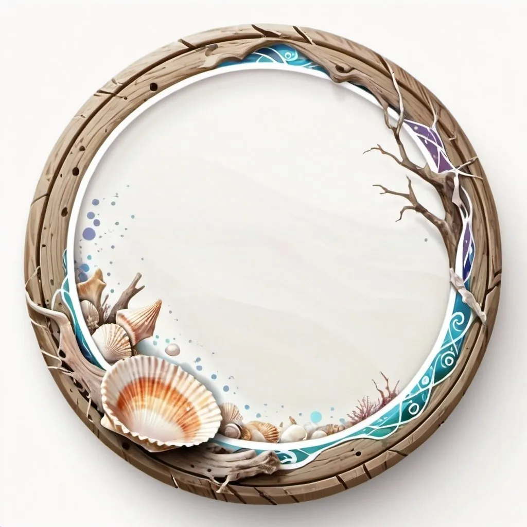 Prompt: a circle token, slim outer edge, outer edge adorned with driftwood style, empty inside the circle, white background, fantasy, seashell and music pattern illustration