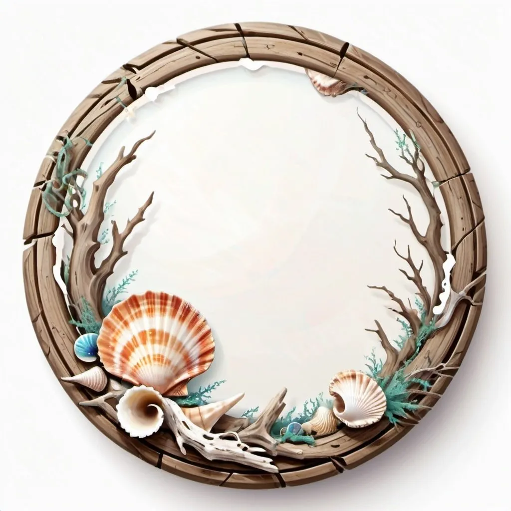 Prompt: a circle token, slim outer edge, outer edge adorned with driftwood style, empty inside the circle, white background, fantasy, seashell and music pattern illustration