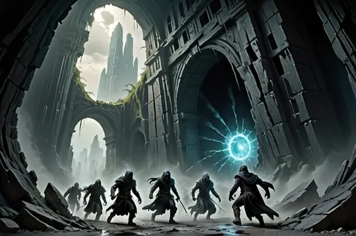 Prompt: Epic fantasy scene depicting a group of heroic adventurers racing through a collapsing dark dimension, with a giant dimensional crack in the sky. The environment is filled with crumbling ruins, dark shadows, and ominous creatures fading into the background. The central focus is on the heroes' determined expressions and dynamic poses as they escape towards a portal of light. The overall atmosphere is intense, urgent, and triumphant, with a sense of both peril and hope