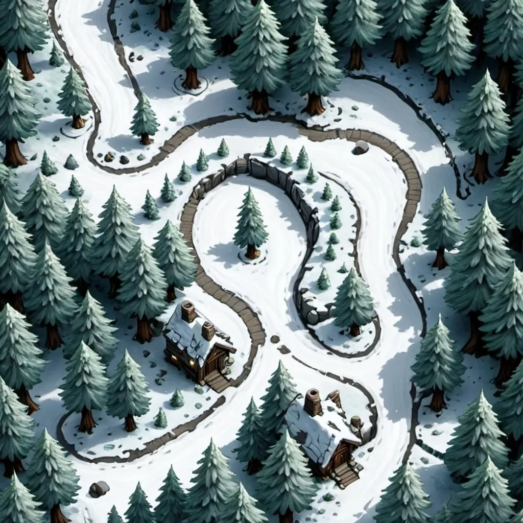 Prompt: Top-down view, snowy forest path, DnD map, 2 dimensional, 2D