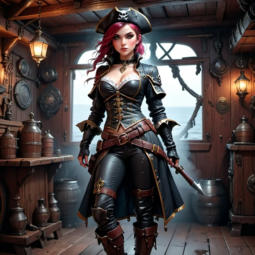 Prompt: pirate, cabin girl, bandana, female, standing, holding a blunderbuss, DnD style, fantasy