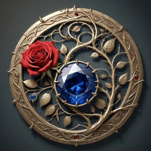 Prompt: An amulet with the sapphire gem etched with the design of a red rose in full bloom, the petals spiraled into a veil-like swirl, with thorned vines coiled beneath.