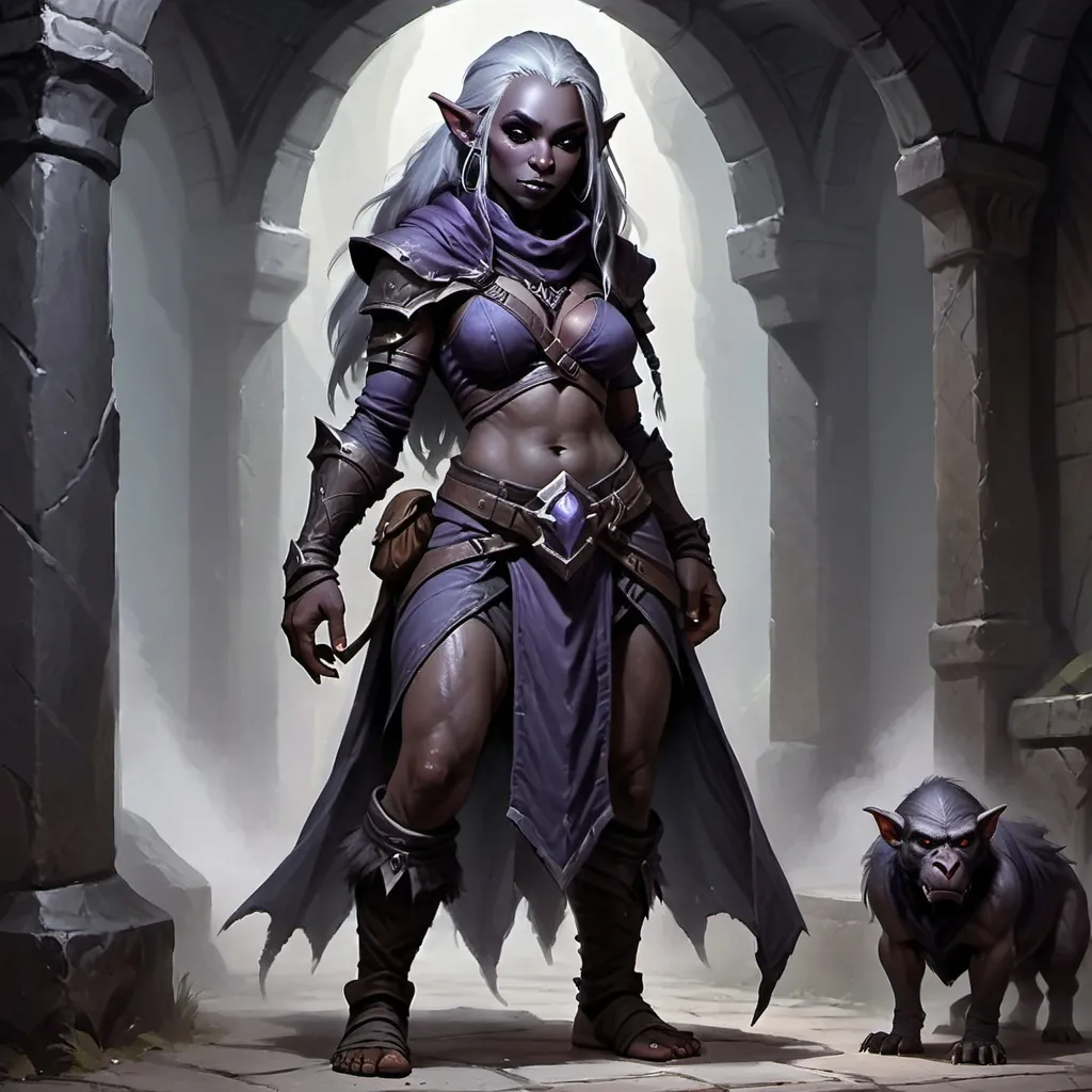 Prompt: dark dwarf, drow skin, female, standing, gruff thug, long snout, mean, DnD style, fantasy