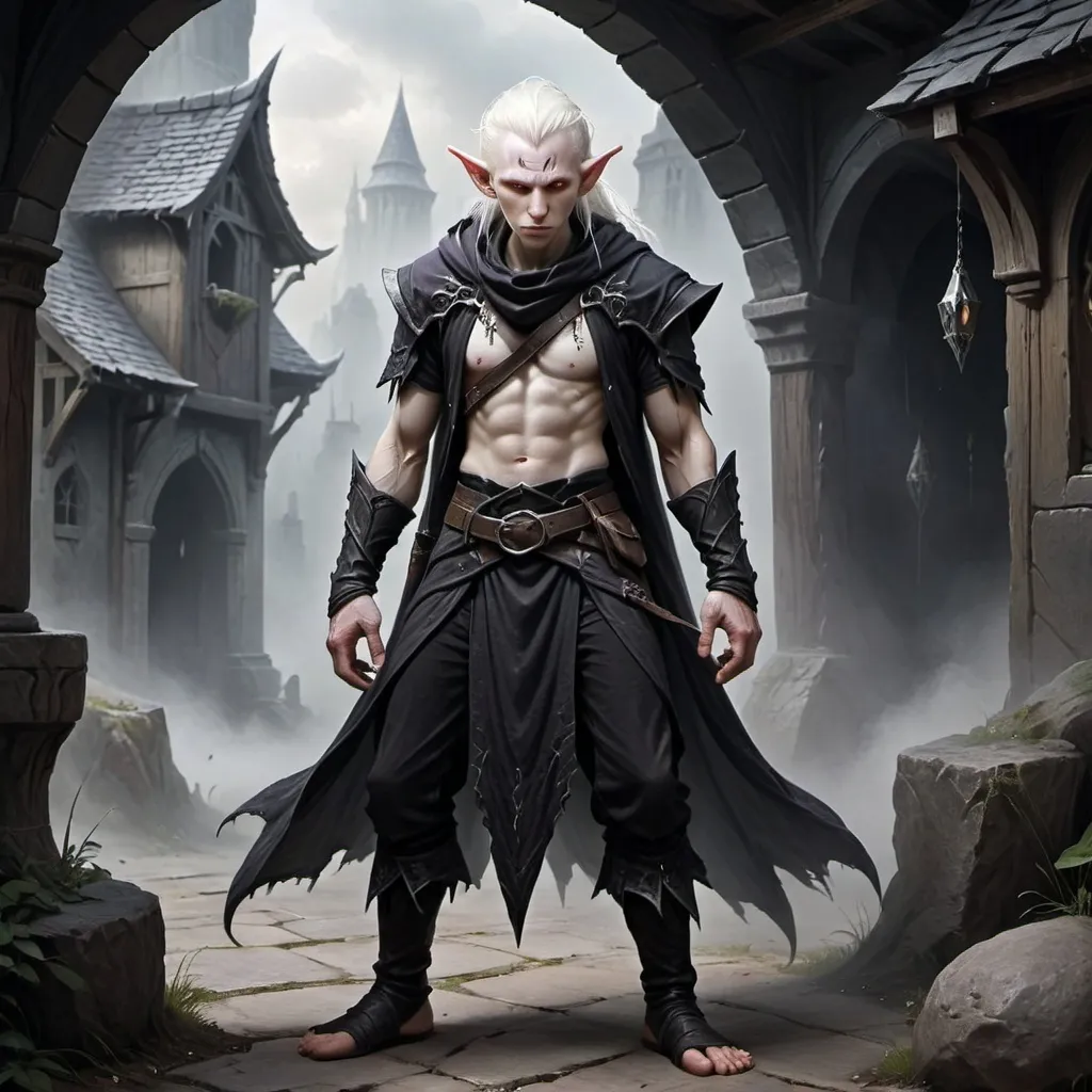 Prompt: Shadar-Kai ,male, albino skin, white hair, elf-like, standing, gruff thug, mean, DnD style, fantasy