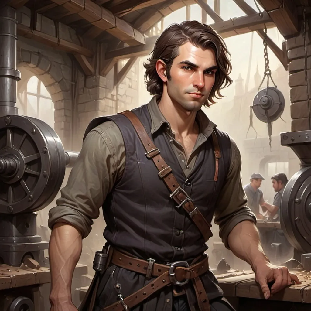 Prompt: Male human mill operator in laborers in a DnD art style