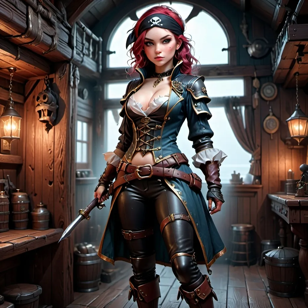 Prompt: pirate, cabin girl, bandana, female, standing, holding a blunderbuss, DnD style, fantasy