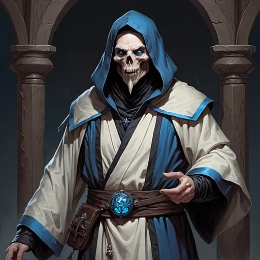 Prompt: dungeons and dragons cultist in a black robe with blue trim