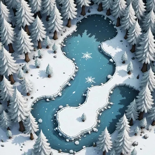 Prompt: Top-down view, snowy forest with a frozen lake, DnD map, 2 dimensional, 2D