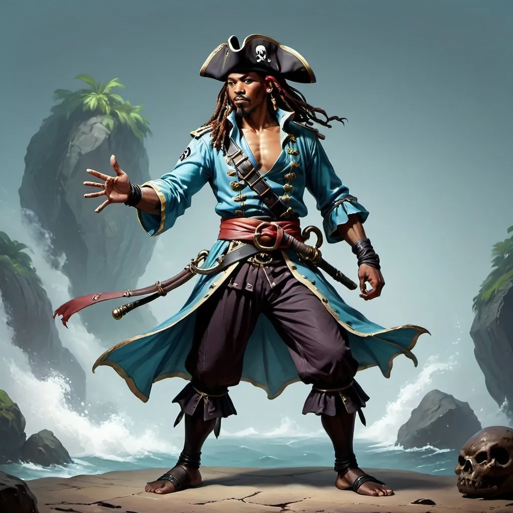 Prompt: DnD Aquan, male, pirate, karate pose, standing, DnD style, fantasy