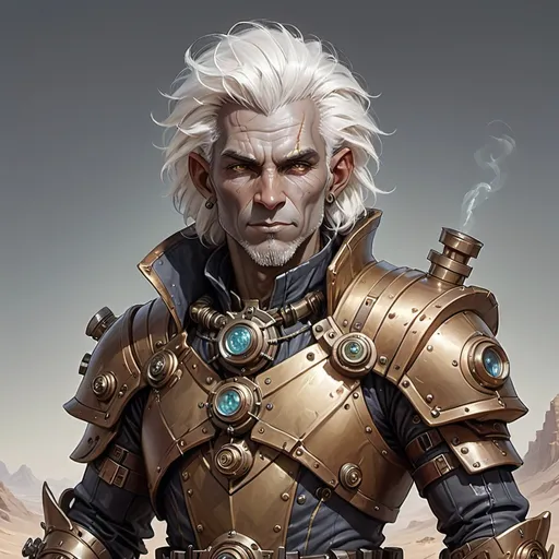 Prompt: DnD middle-aged male Earth Genasi with gray stone-like skin complexion with half cybernetic face and steampunk cybernetics and and white hair, wearing desert clothes,  in a DnD art style