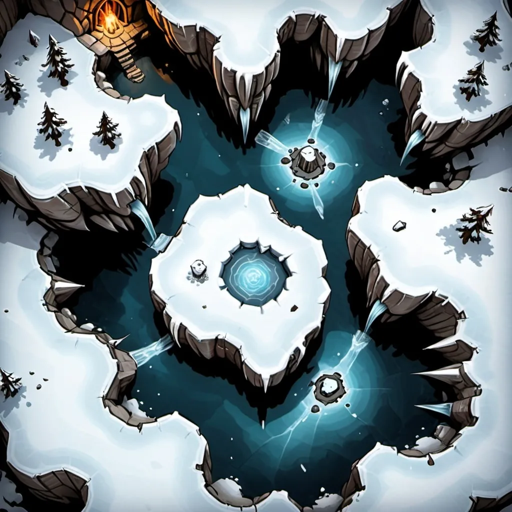 Prompt: Top-down view, snowy cave, DnD map, 2 dimensional, 2D