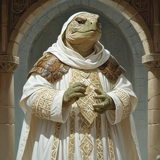 Prompt: a human religious worshipper to a turtle god wearing white robes with turtle shell patterns that are white like the robes, in a DnD art style.