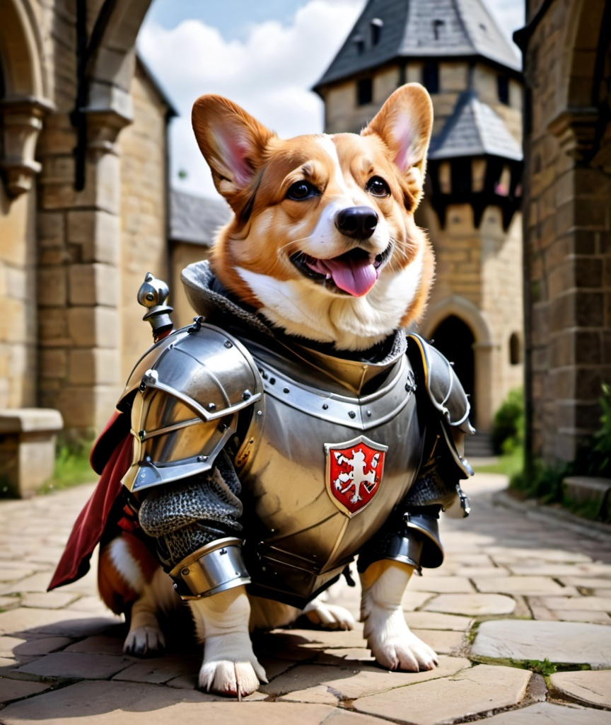 Prompt: Corgi, quadruped, dressed like a medieval knight, DnD style