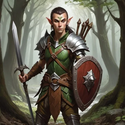 Prompt: A Dungeons and Dragons wood elf defender with a sword and shield
