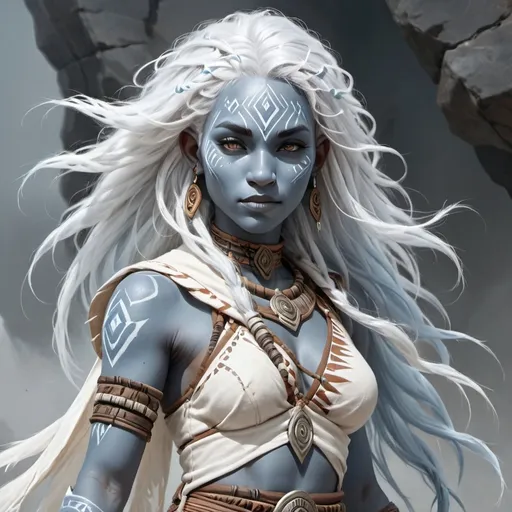 Prompt: Air Genasi, female, white flowing hair, light grey-blue skin and body skin, tribal markings on face, DnD art style, full portrait, fantasy