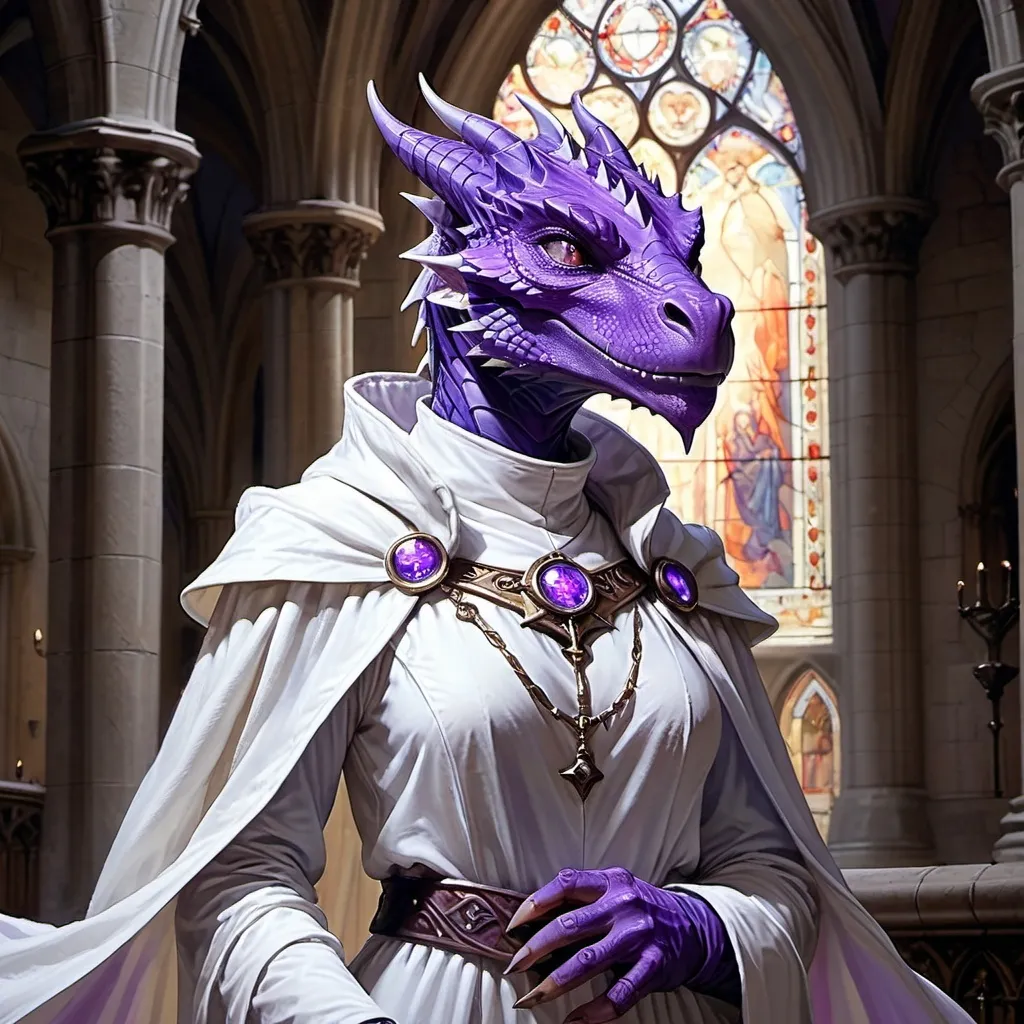 Prompt: Purple Dragonborn Female, holy cleric, white robes, inside a cathedral, fantasy art, epic fantasy character art, a full character portrait