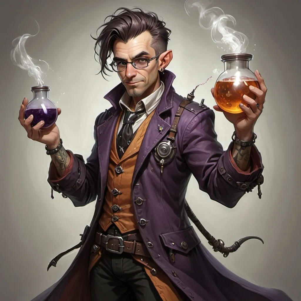 Prompt: Middle-aged male DnD human scientist alchemist with a punk-rock wardrobe style, in a DnD art style