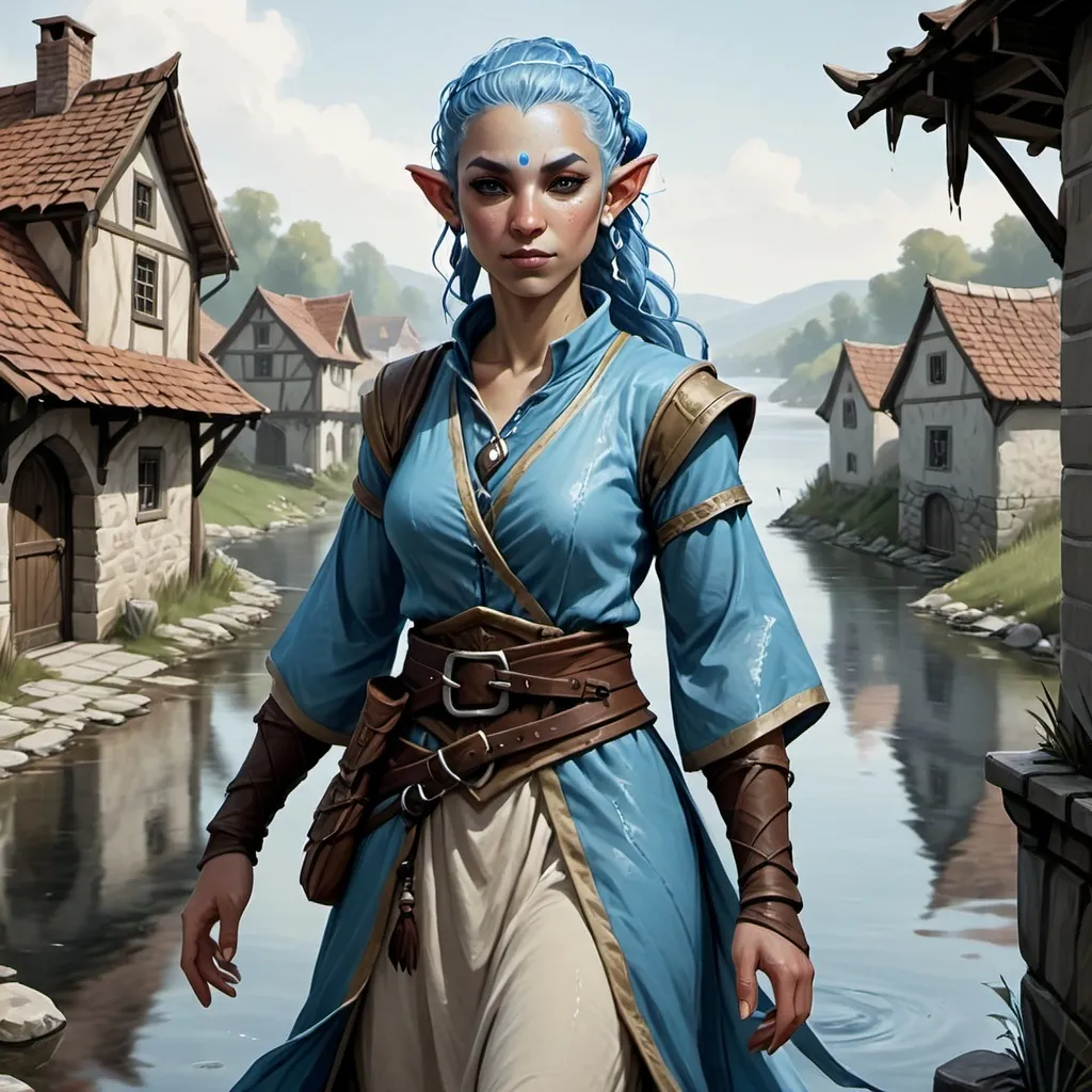 Prompt: Water Genasi, female, townsfolk clothes, DnD style