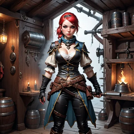 Prompt: pirate, cabin girl, bandana, female, standing, holding a blunderbuss, DnD style, fantasy