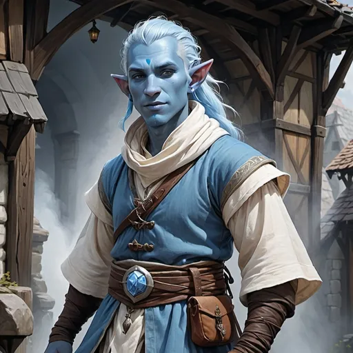 Prompt: Air Genasi, male, blue skin, townsfolk clothes, DnD style