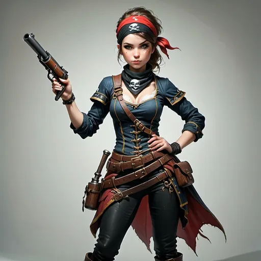 Prompt: pirate, cabin girl, bandana, female, standing, holding a blunderbuss, DnD style, fantasy