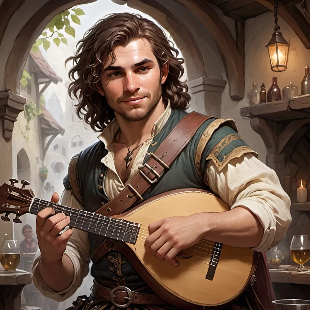 Prompt: DnD male human tavern bard with a lute, in a DnD art style