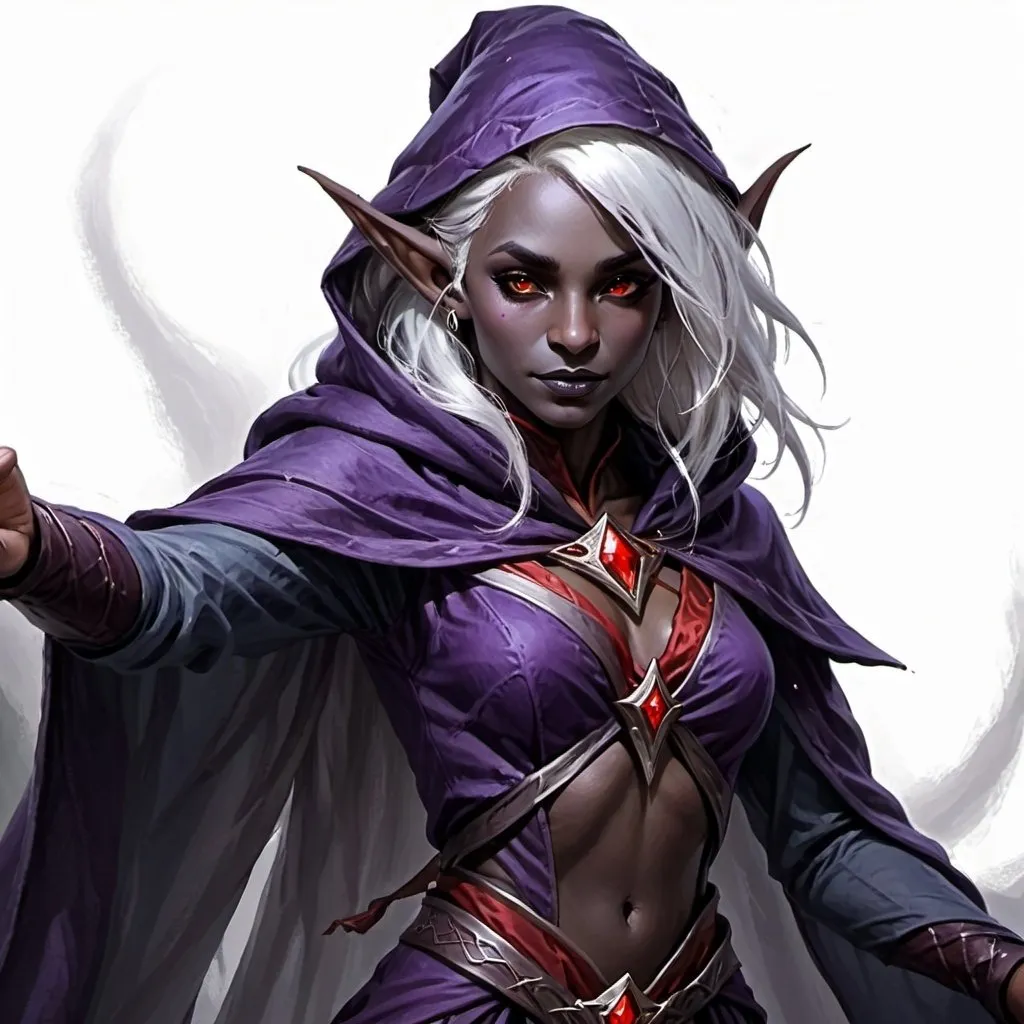 Prompt: elf, female, drow, grey skin, white hair, red eyes, wizard robes