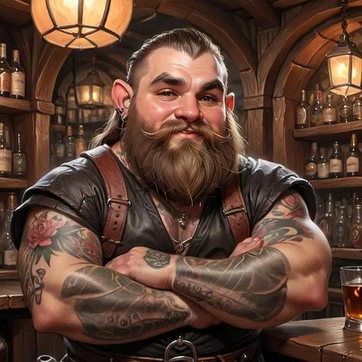 Prompt: DnD dwarf male bartender with tattoos, in a DnD art style