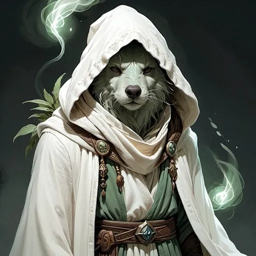 Prompt: hooded sage, white robes, dark unseeable face, furry animal nose sticking out, DnD style, fantasy, character portrait