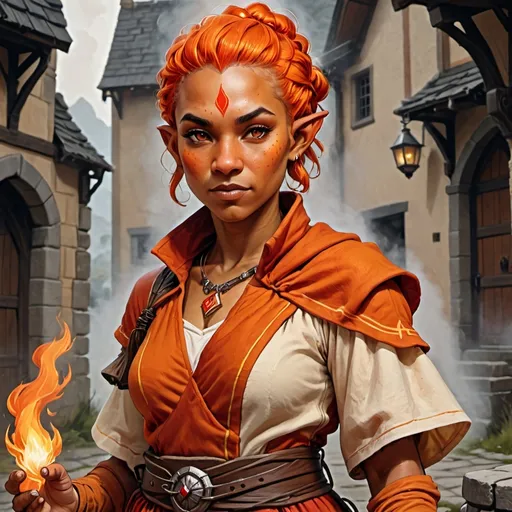 Prompt: Fire Genasi, female, tan skin, townsfolk clothes, DnD style