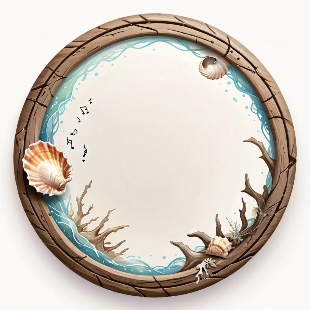 Prompt: a circle token, slim outer edge, outer edge adorned with driftwood style, empty inside the circle, white background, fantasy, seashell and music pattern illustration