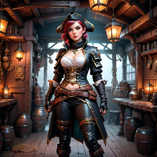 Prompt: pirate, cabin girl, bandana, female, standing, holding a blunderbuss, DnD style, fantasy