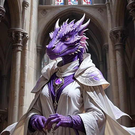 Prompt: Purple Dragonborn Female, holy cleric, white robes, inside a cathedral, fantasy art, epic fantasy character art, a full character portrait